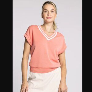 Recreation Rhonda Varsity V Neck Top Pink Coral & White Size M Dolman Sleeve